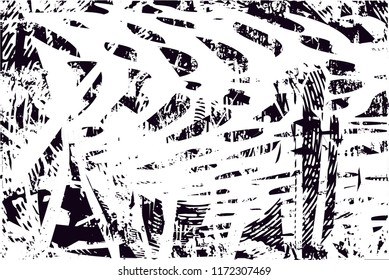 Distressed background in black and white texture with circles, spots, scratches and lines. Abstract vector illustration