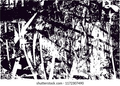 Distressed background in black and white texture with circles, spots, scratches and lines. Abstract vector illustration