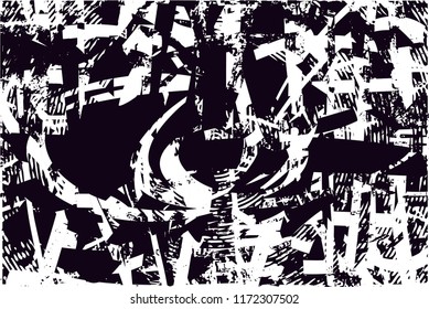 Distressed background in black and white texture with circles, spots, scratches and lines. Abstract vector illustration