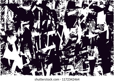 Distressed background in black and white texture with circles, spots, scratches and lines. Abstract vector illustration