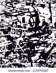 Distressed background in black and white texture with  dark spots, scratches and lines. Abstract vector illustration