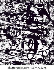 Distressed background in black and white texture with  dark spots, scratches and lines. Abstract vector illustration