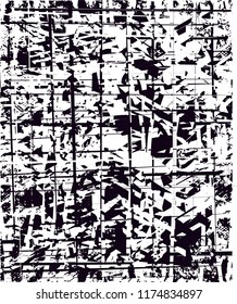 Distressed background in black and white texture with  dark spots, scratches and lines. Abstract vector illustration