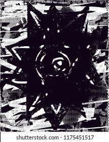 Distressed background in black and white texture with  cacti flower, dark spots, scratches and lines. Abstract vector illustration