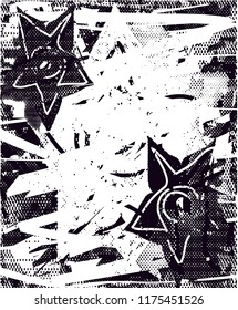 Distressed background in black and white texture with  cacti flower, dark spots, scratches and lines. Abstract vector illustration