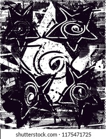 Distressed background in black and white texture with  dark spots, scratches and lines. Abstract vector illustration