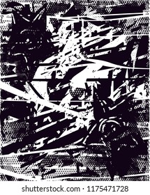 Distressed background in black and white texture with  dark spots, scratches and lines. Abstract vector illustration