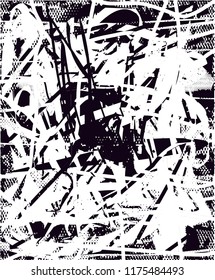 Distressed background in black and white texture with  dark spots, scratches and lines. Abstract vector illustration