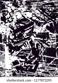 Distressed background in black and white texture with  dark spots, scratches and lines. Abstract vector illustration