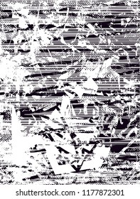 Distressed background in black and white texture with  dark spots, scratches and lines. Abstract vector illustration