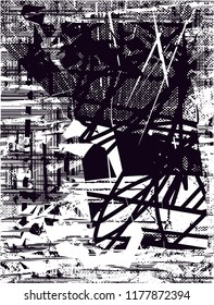 Distressed background in black and white texture with  dark spots, scratches and lines. Abstract vector illustration