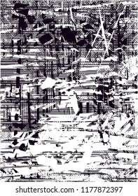 Distressed background in black and white texture with  dark spots, scratches and lines. Abstract vector illustration