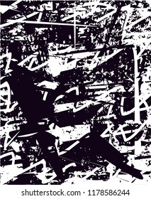 Distressed background in black and white texture with  dark spots, scratches and lines. Abstract vector illustration
