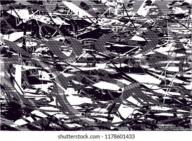 Distressed background in black and white texture with  dark spots, scratches and lines. Abstract vector illustration