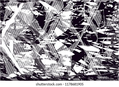 Distressed background in black and white texture with  dark spots, scratches and lines. Abstract vector illustration