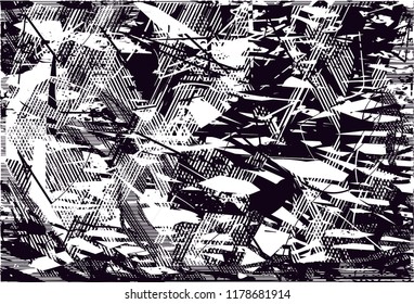 Distressed background in black and white texture with  dark spots, scratches and lines. Abstract vector illustration