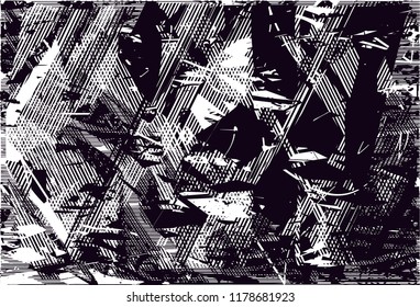 Distressed background in black and white texture with  dark spots, scratches and lines. Abstract vector illustration