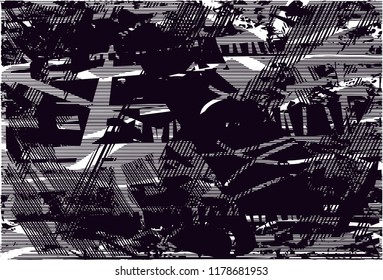 Distressed background in black and white texture with  dark spots, scratches and lines. Abstract vector illustration