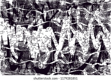 Distressed background in black and white texture with  dark spots, scratches and lines. Abstract vector illustration