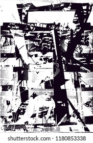 Distressed background in black and white texture with  dark spots, scratches and lines. Abstract vector illustration