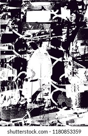 Distressed background in black and white texture with  dark spots, scratches and lines. Abstract vector illustration