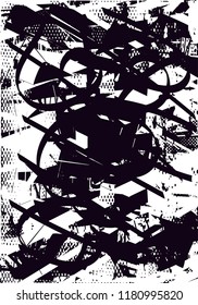 Distressed background in black and white texture with  dark spots, scratches and lines. Abstract vector illustration