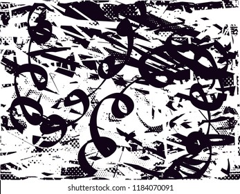 Distressed background in black and white texture with  dark spots, scratches and lines. Abstract vector illustration