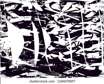 Distressed background in black and white texture with  dark spots, scratches and lines. Abstract vector illustration