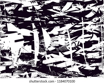 Distressed background in black and white texture with  dark spots, scratches and lines. Abstract vector illustration