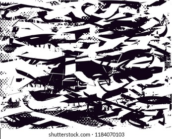 Distressed background in black and white texture with  dark spots, scratches and lines. Abstract vector illustration