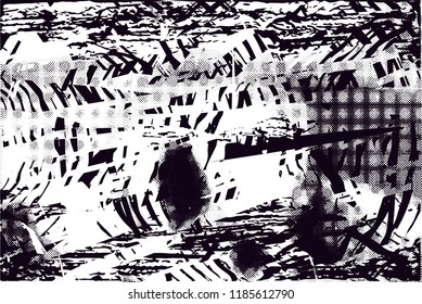 Distressed background in black and white texture with  dark spots, scratches and lines. Abstract vector illustration
