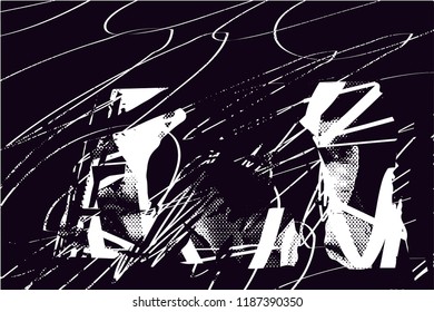 Distressed background in black and white texture with  dark spots, scratches and lines. Abstract vector illustration