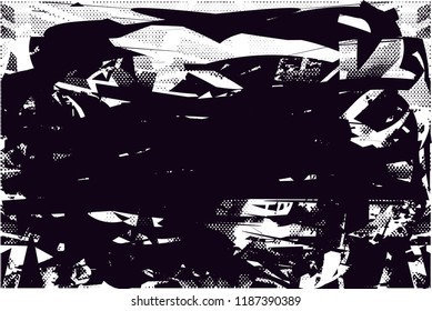 Distressed background in black and white texture with  dark spots, scratches and lines. Abstract vector illustration