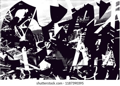 Distressed background in black and white texture with  dark spots, scratches and lines. Abstract vector illustration