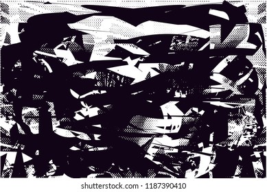 Distressed background in black and white texture with  dark spots, scratches and lines. Abstract vector illustration