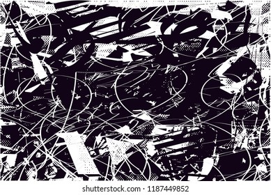 Distressed background in black and white texture with  dark spots, scratches and lines. Abstract vector illustration