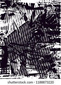 Distressed background in black and white texture with  dark spots, scratches and lines. Abstract vector illustration
