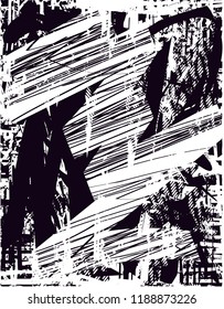 Distressed background in black and white texture with  dark spots, scratches and lines. Abstract vector illustration