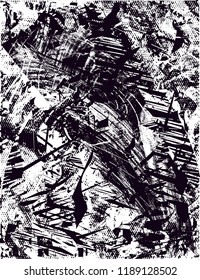 Distressed background in black and white texture with  dark spots, scratches and lines. Abstract vector illustration