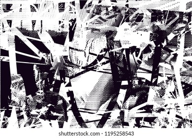 Distressed background in black and white texture with  dark spots, scratches and lines. Abstract vector illustration