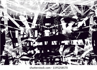 Distressed background in black and white texture with  dark spots, scratches and lines. Abstract vector illustration