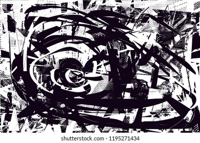 Distressed background in black and white texture with  dark spots, scratches and lines. Abstract vector illustration