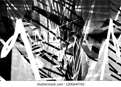 Distressed background in black and white texture with dots, spots, scratches and lines. Abstract vector illustration