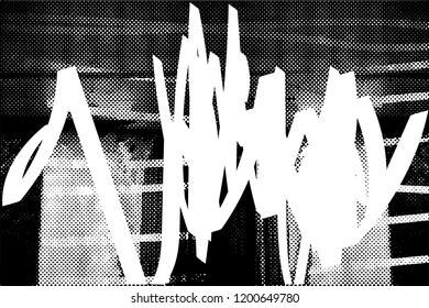 Distressed background in black and white texture with dots, spots, scratches and lines. Abstract vector illustration