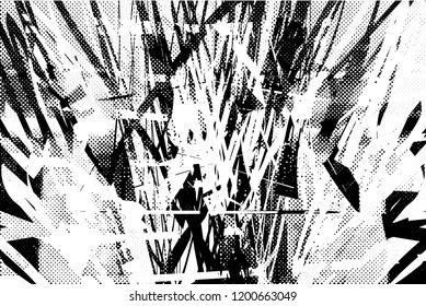 Distressed background in black and white texture with dots, spots, scratches and lines. Abstract vector illustration