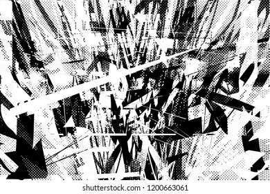 Distressed background in black and white texture with dots, spots, scratches and lines. Abstract vector illustration