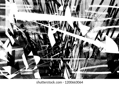 Distressed background in black and white texture with dots, spots, scratches and lines. Abstract vector illustration