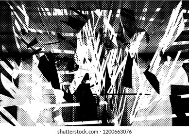 Distressed background in black and white texture with dots, spots, scratches and lines. Abstract vector illustration