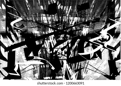 Distressed background in black and white texture with dots, spots, scratches and lines. Abstract vector illustration