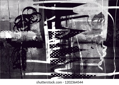 Distressed background in black and white texture with dots, spots, scratches and lines. Abstract vector illustration